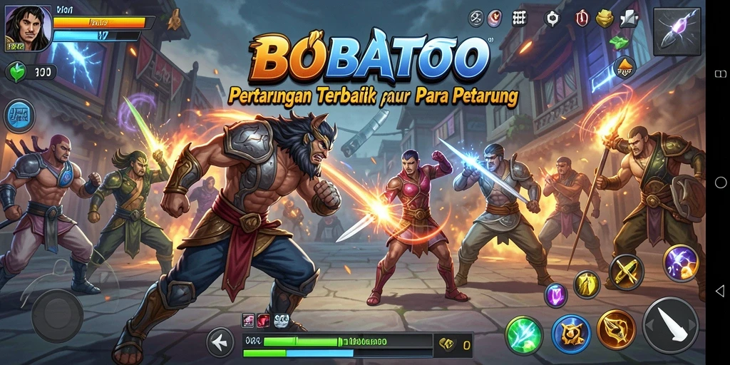 Tampilan gameplay khas BOBATOTO dengan pertarungan seru dan karakter unik.