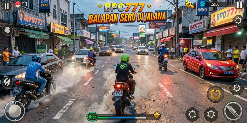 Screenshot gameplay BPO777 menampilkan aksi balapan yang mendebarkan.