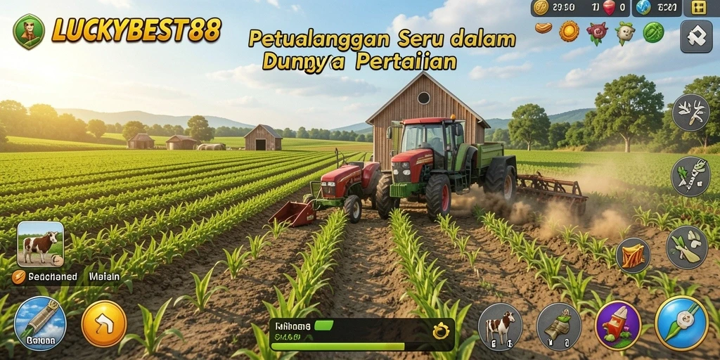 Tampilan gameplay dari LUCKYBEST88 menunjukkan aktifitas bertani yang seru.