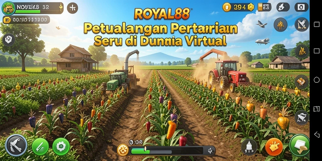 Tampilan gameplay <strong>ROYAL88</strong> yang menakjubkan dengan aktivitas bertani yang seru.